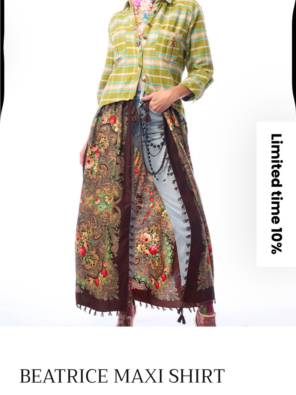 NWT Aratta Silent Journey Beatrice Maxi Shirt- Floral and Plaid - Picture 2 of 16
